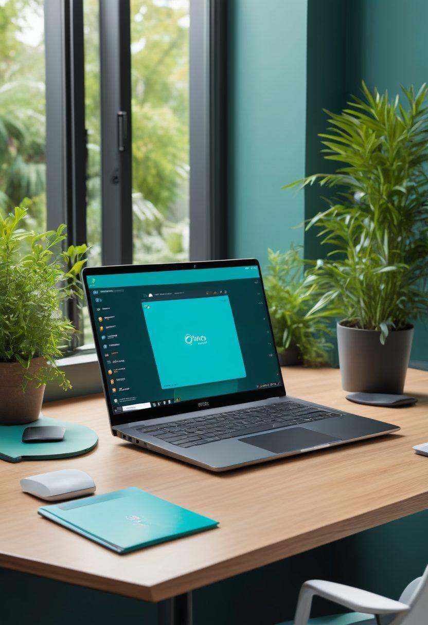 A modern, sleek office desk showcasing an open laptop displaying the Optus email interface with vibrant analytics dashboard on screen. Include visually appealing email icons circling the laptop, representing advanced features like collaboration and security. The background features a stylish, tech-inspired workspace with greenery for a calming effect. super-realistic. vibrant colors. professional setting.