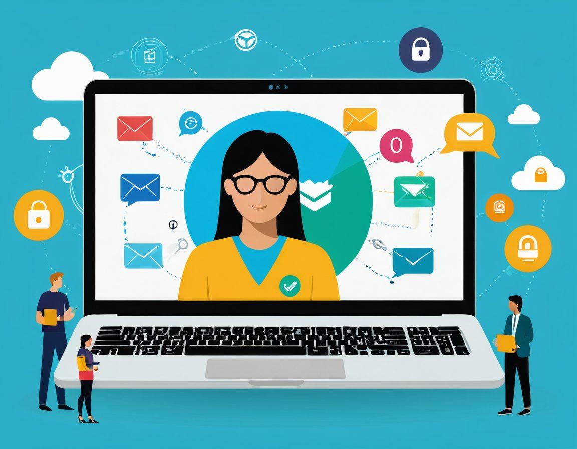 An illustration showcasing a laptop screen displaying the Optus Webmail interface, surrounded by floating icons representing security features like lock symbols, passwords, and shield emblems. A diverse group of people, including a business professional and a casual user, are interacting with the laptop, emphasizing personal and business use. The background features a digital landscape with cloud storage and communication elements for a modern touch. vibrant colors. super-realistic.